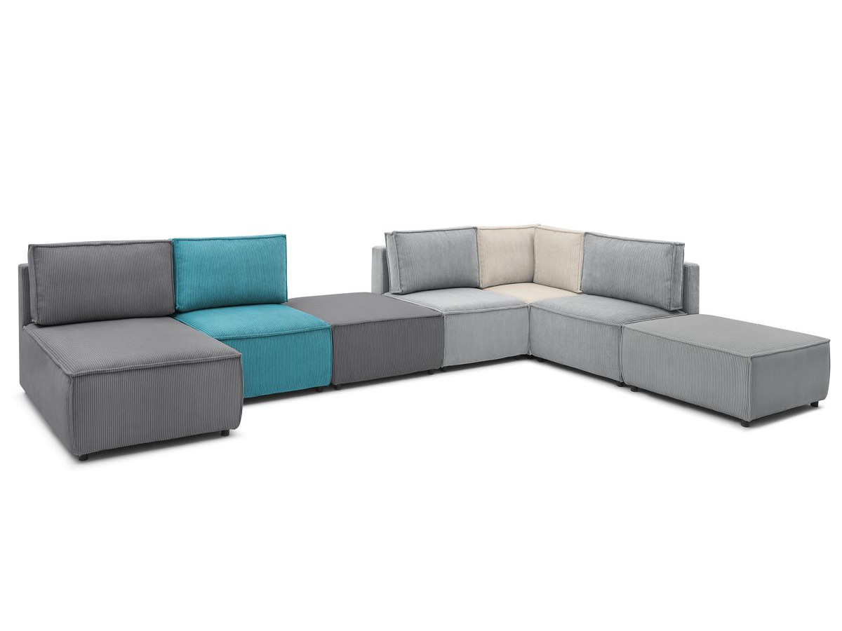 NIHAD vaste panoramische bank 100% modulaire corduroy stof 3 fauteuils, 1 hoek, 1 chaise longue en 2 poefs
