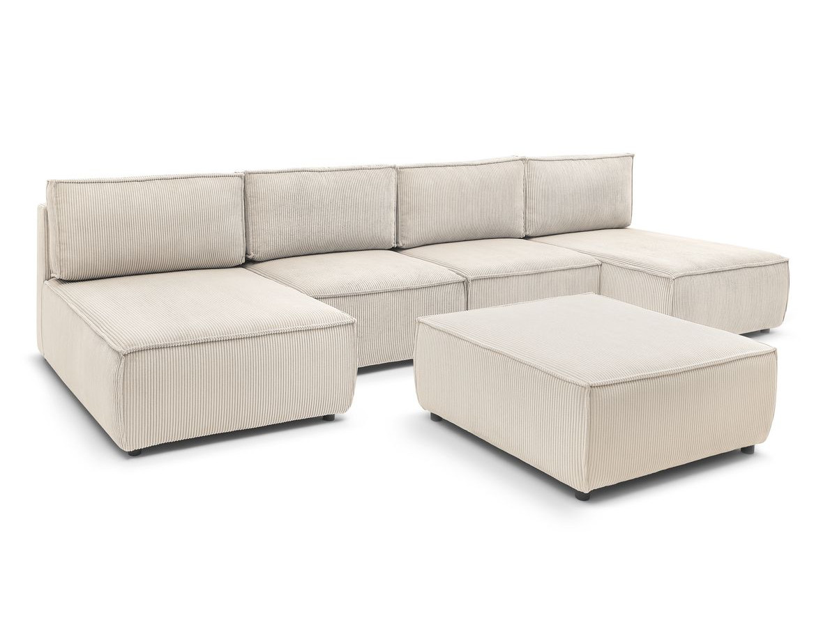 Canapé d'angle fixe 100% modulable NIHAD tissu velours côtelé 2 chauffeuses, 1 pouf et 2 méridiennes