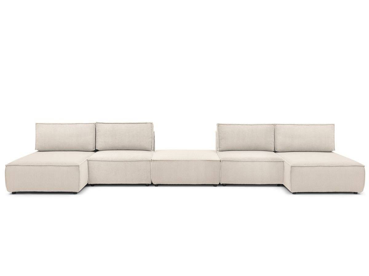 Canapé d'angle fixe 100% modulable NIHAD tissu velours côtelé 2 chauffeuses, 1 pouf et 2 méridiennes