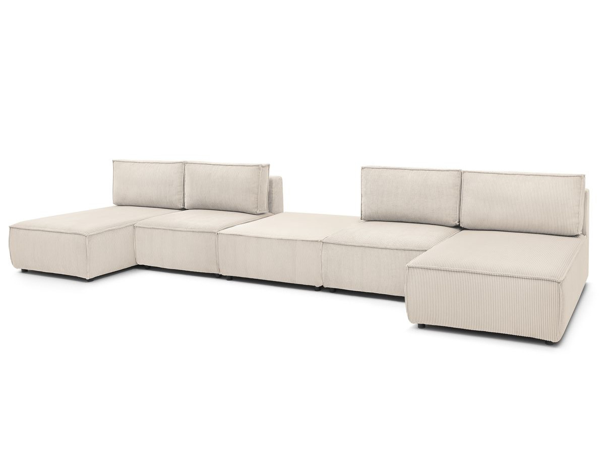 Canapé d'angle fixe 100% modulable NIHAD tissu velours côtelé 2 chauffeuses, 1 pouf et 2 méridiennes