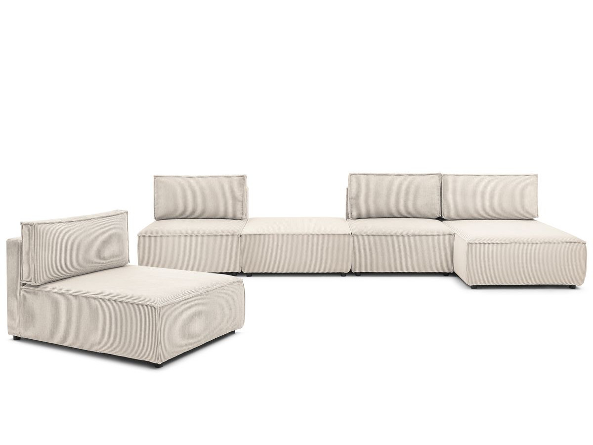 Canapé d'angle fixe 100% modulable NIHAD tissu velours côtelé 2 chauffeuses, 1 pouf et 2 méridiennes