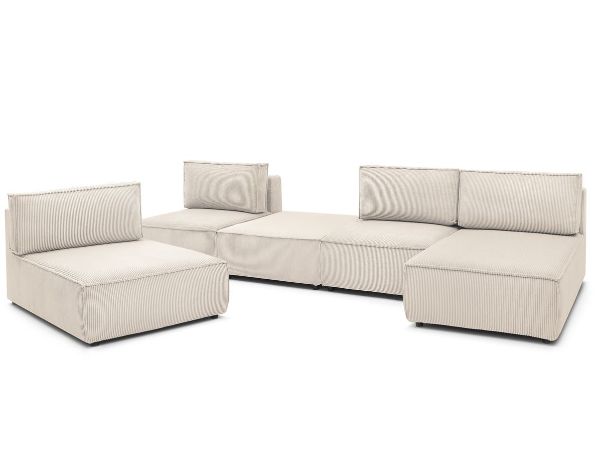 Canapé d'angle fixe 100% modulable NIHAD tissu velours côtelé 2 chauffeuses, 1 pouf et 2 méridiennes