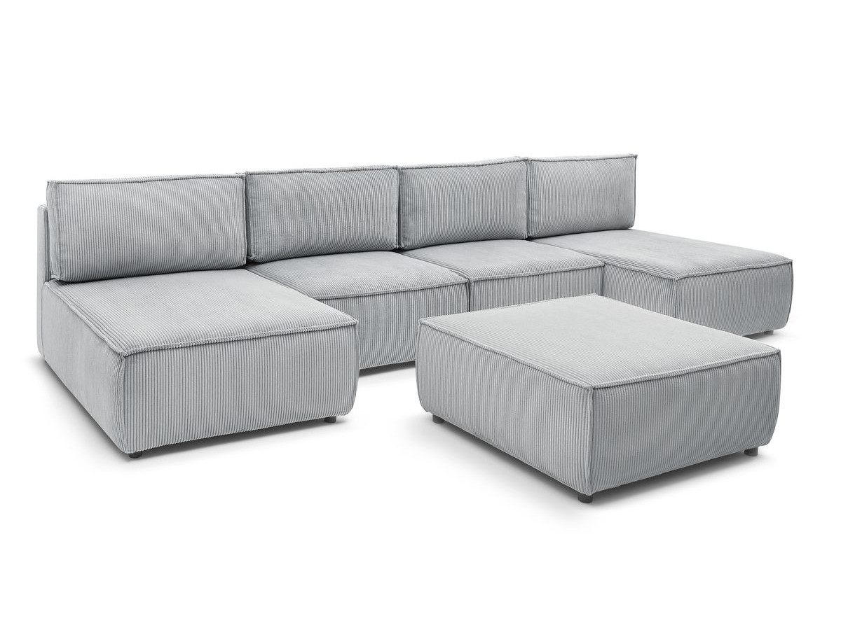 Canapé d'angle fixe 100% modulable NIHAD tissu velours côtelé 2 chauffeuses, 1 pouf et 2 méridiennes