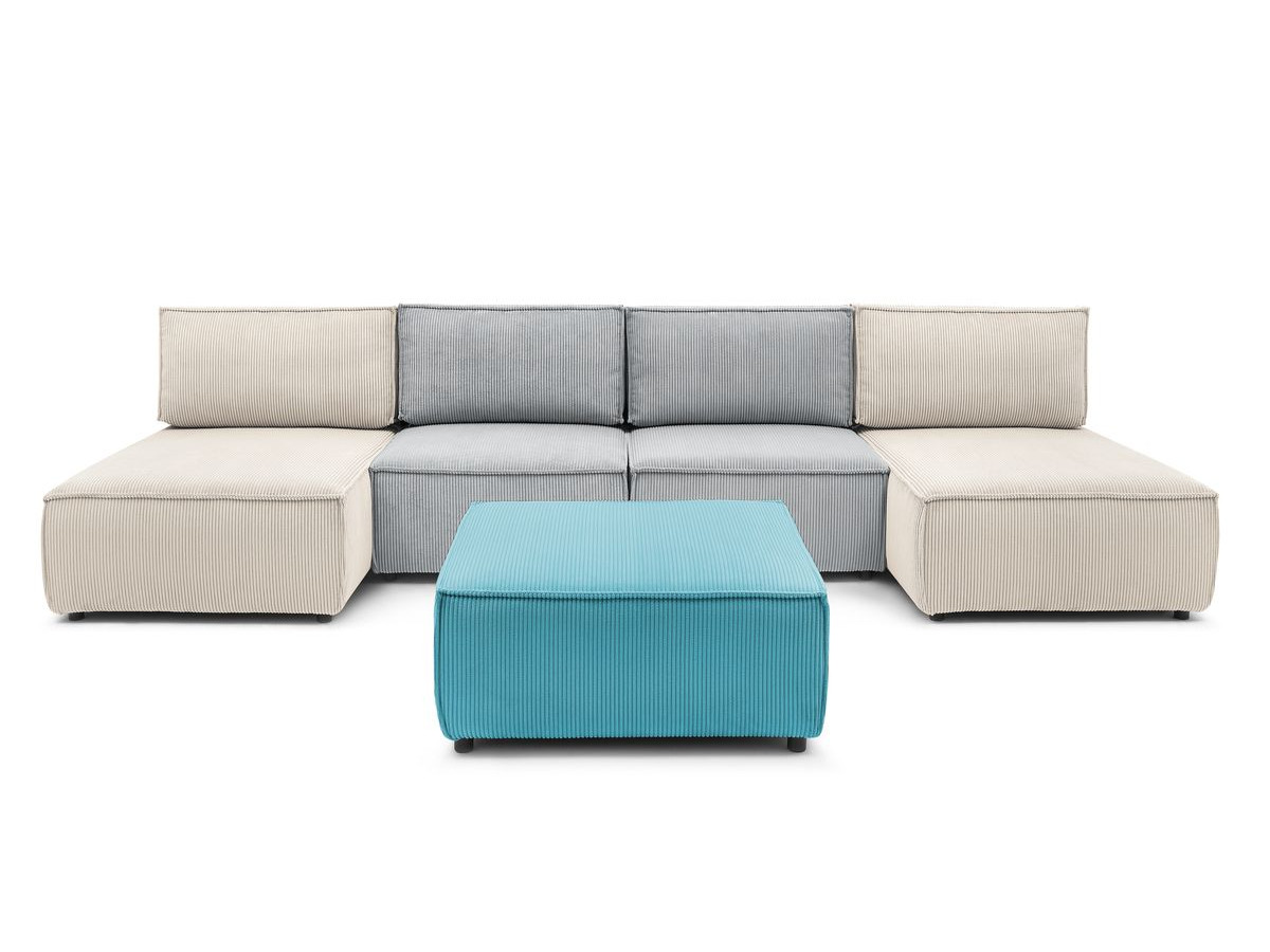 Canapé d'angle fixe 100% modulable NIHAD tissu velours côtelé 2 chauffeuses, 1 pouf et 2 méridiennes