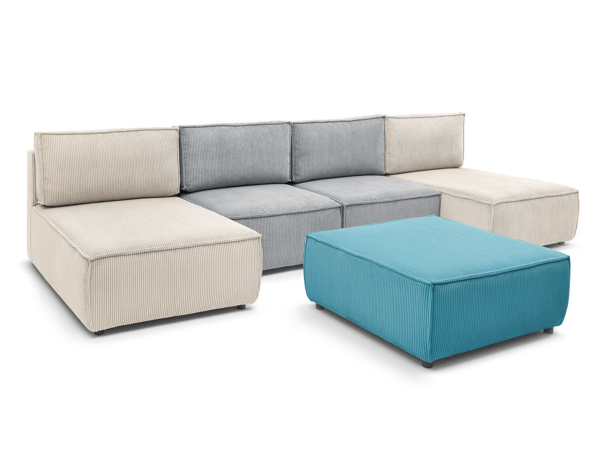 Canapé d'angle fixe 100% modulable NIHAD tissu velours côtelé 2 chauffeuses, 1 pouf et 2 méridiennes