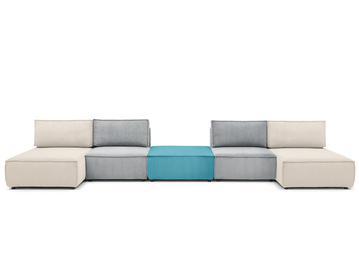 Canapé d'angle fixe 100% modulable NIHAD tissu velours côtelé 2 chauffeuses, 1 pouf et 2 méridiennes