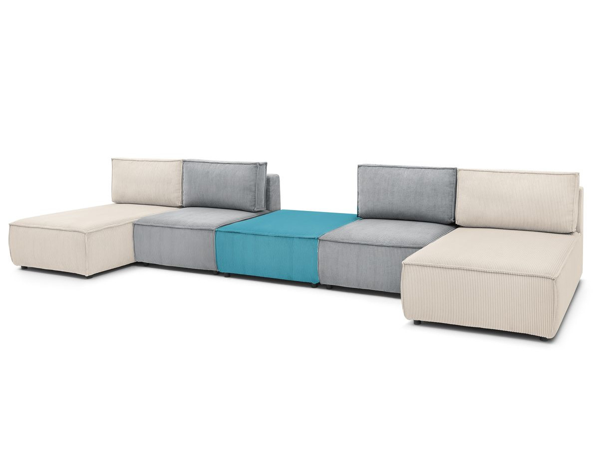 Canapé d'angle fixe 100% modulable NIHAD tissu velours côtelé 2 chauffeuses, 1 pouf et 2 méridiennes