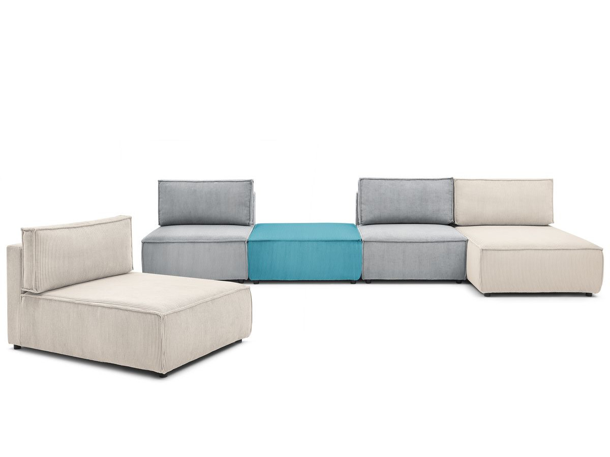 Canapé d'angle fixe 100% modulable NIHAD tissu velours côtelé 2 chauffeuses, 1 pouf et 2 méridiennes