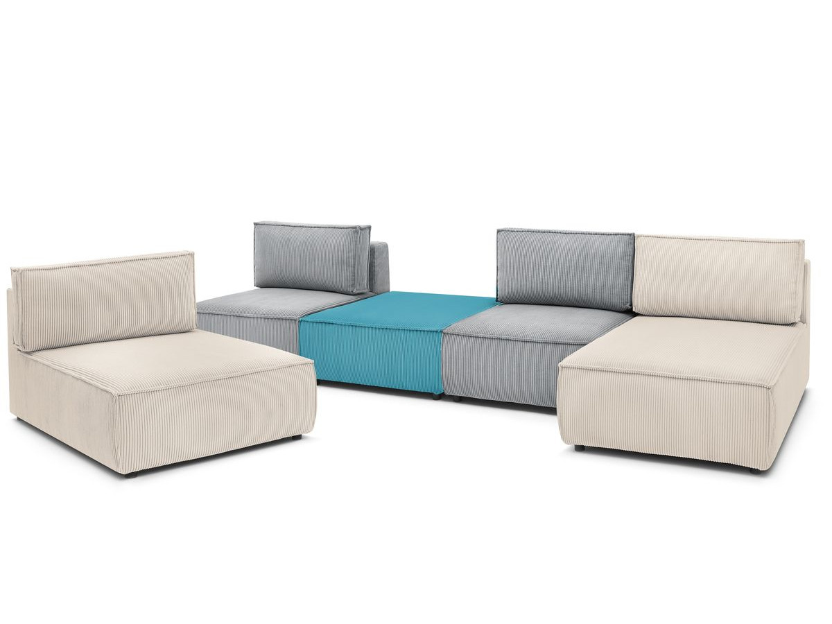 Canapé d'angle fixe 100% modulable NIHAD tissu velours côtelé 2 chauffeuses, 1 pouf et 2 méridiennes