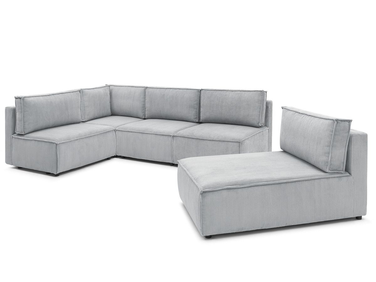 Canapé d'angle fixe 100% modulable NIHAD tissu velours côtelé 3 chauffeuses, 1 angle et 1 méridienne