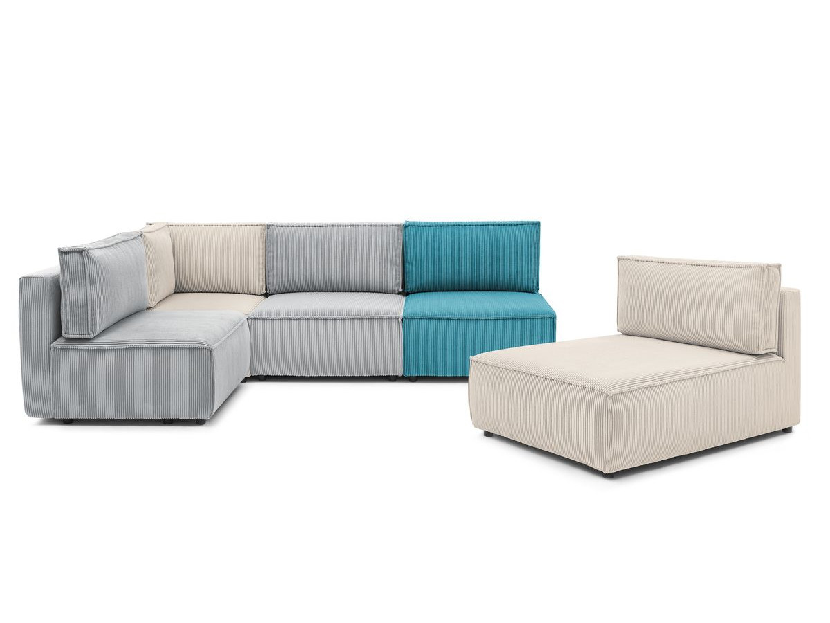 Canapé d'angle fixe 100% modulable NIHAD tissu velours côtelé 3 chauffeuses, 1 angle et 1 méridienne