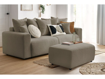 Canapé droit convertible coffre ENVY tissu bouclette doux avec pouf rectangulaire