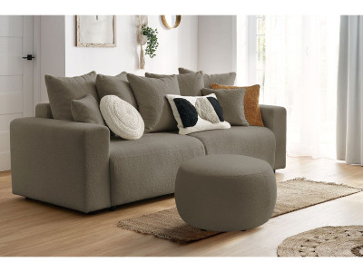 Canapé droit convertible coffre ENVY tissu bouclette doux avec pouf rond