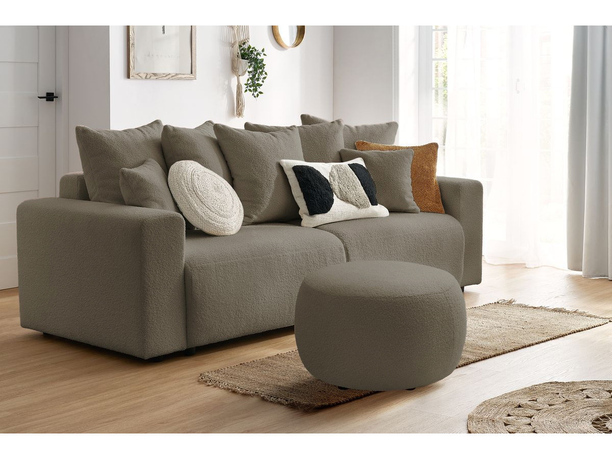 Canapé droit convertible coffre ENVY tissu bouclette doux avec pouf rond