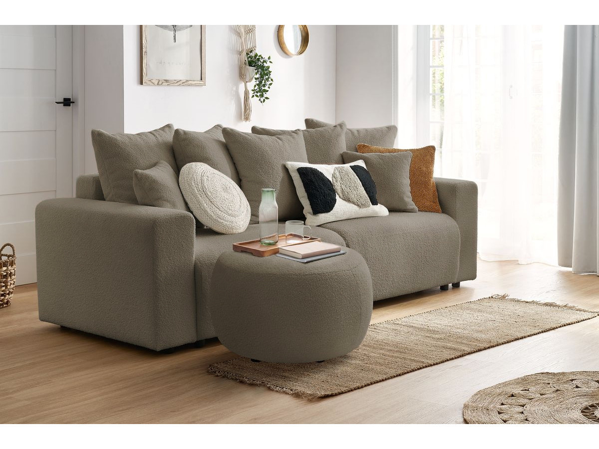 Canapé droit convertible coffre ENVY tissu bouclette doux avec pouf rond