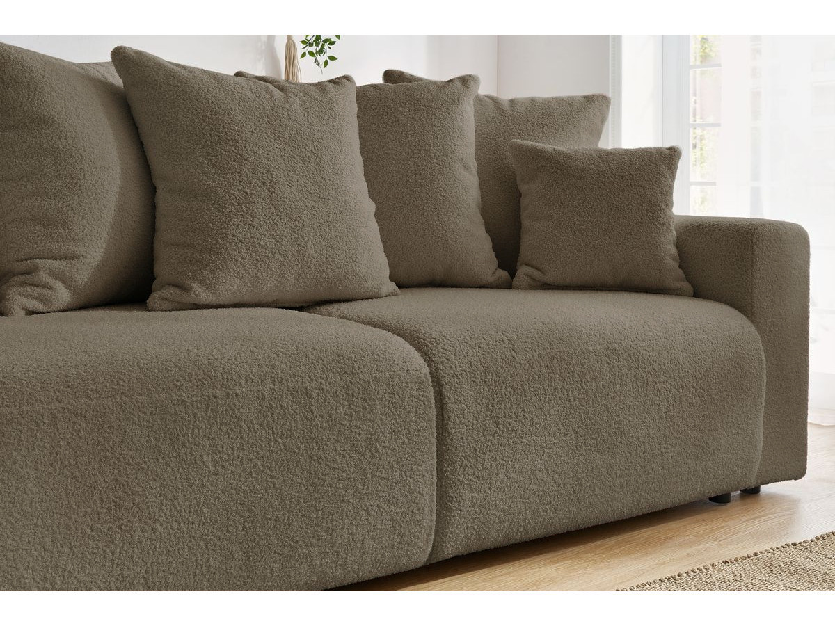 Canapé droit convertible coffre ENVY tissu bouclette doux avec pouf rond