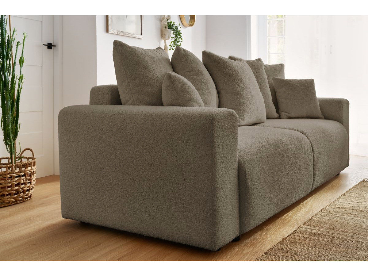 Canapé droit convertible coffre ENVY tissu bouclette doux avec pouf rond
