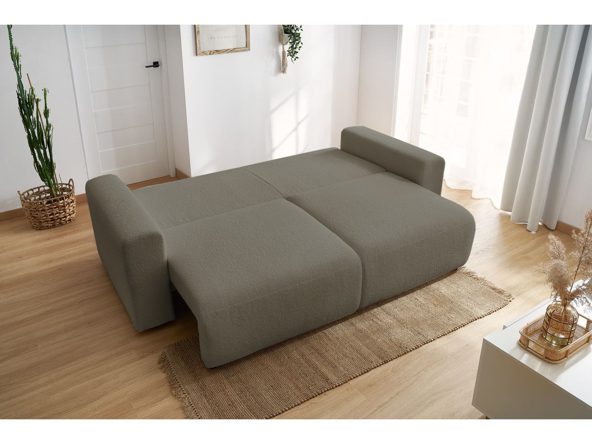 Canapé droit convertible coffre ENVY tissu bouclette doux avec pouf rond