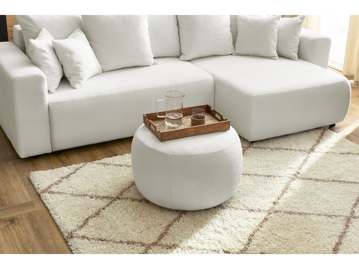 Canapé d'angle réversible convertible coffre ENVY tissu bouclette doux avec pouf rond