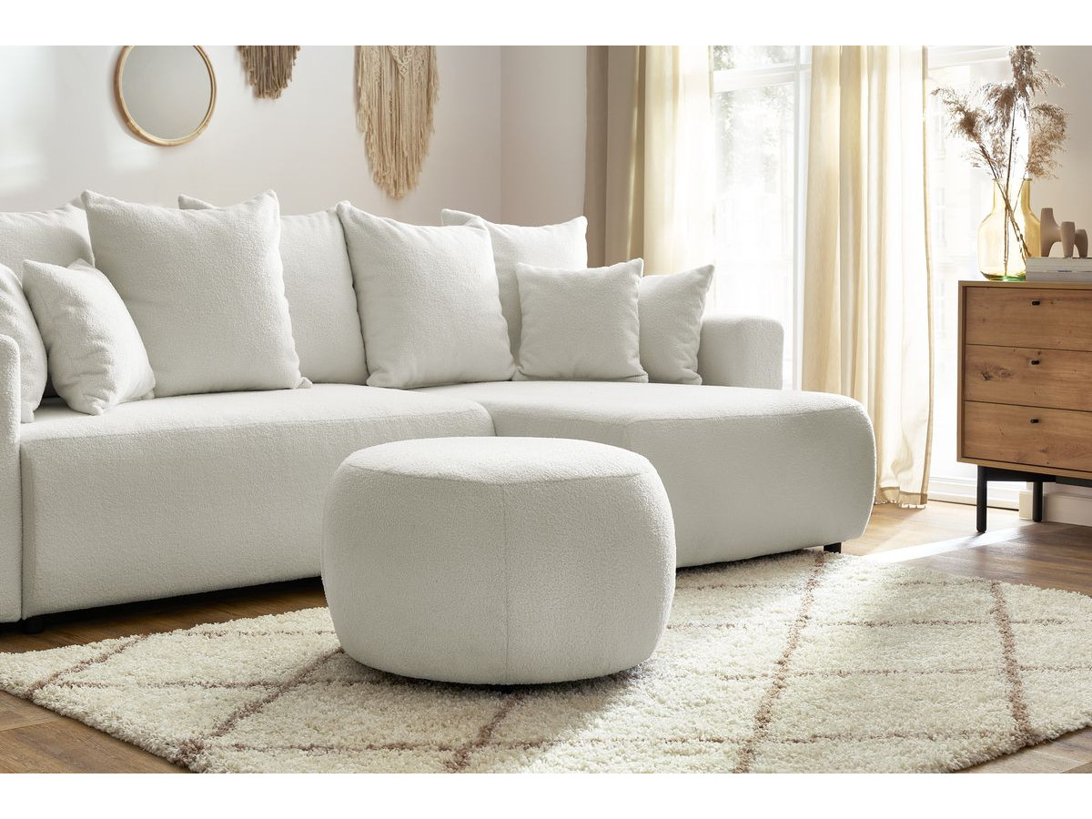 Canapé d'angle réversible convertible coffre ENVY tissu bouclette doux avec pouf rond