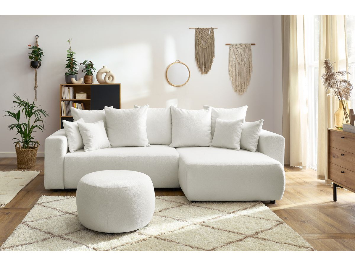 Canapé d'angle réversible convertible coffre ENVY bouclette doux avec pouf rond blanc — vue 5