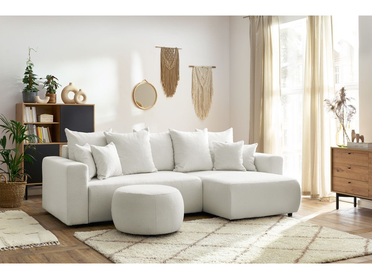 Canapé d'angle réversible convertible coffre ENVY tissu bouclette doux avec pouf rond