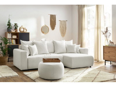 Canapé d'angle réversible convertible coffre ENVY tissu bouclette doux avec pouf rond