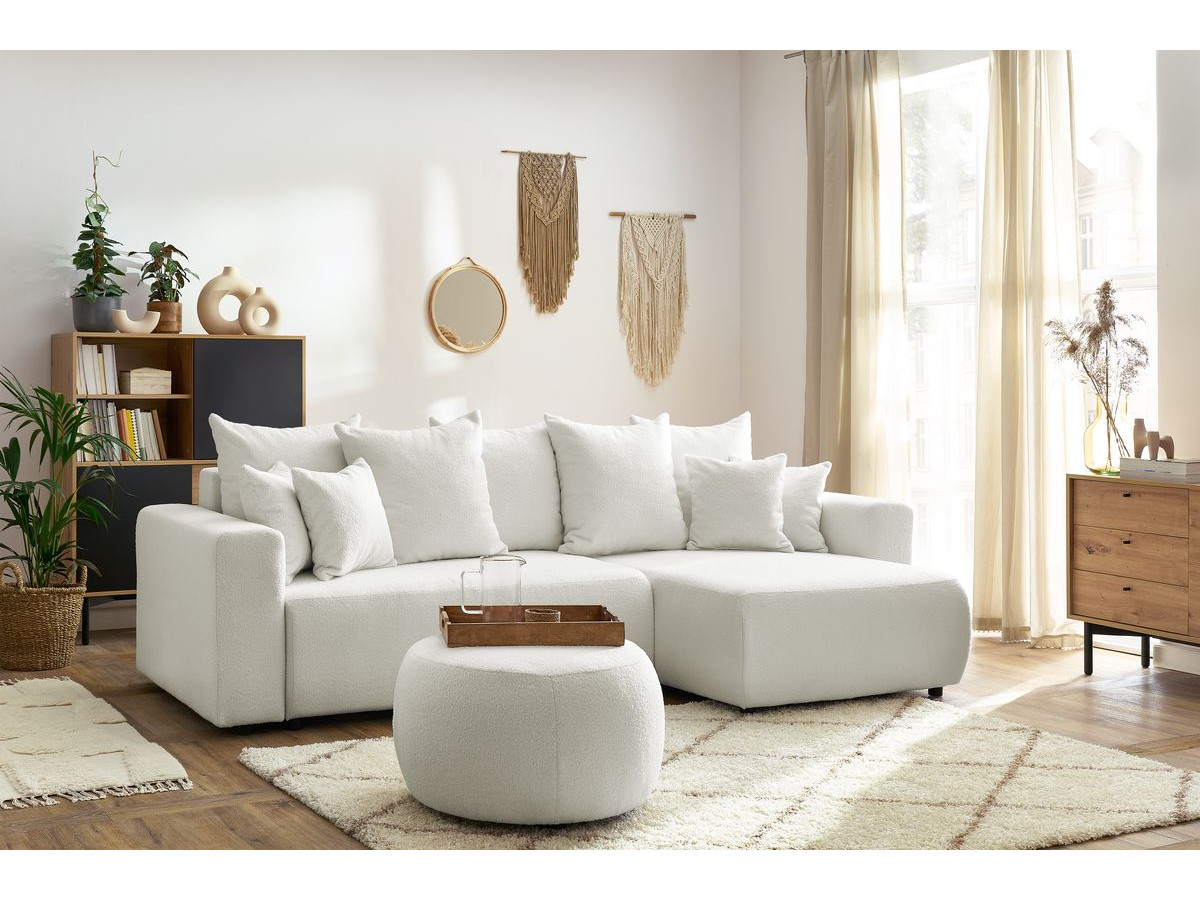 Canapé d'angle réversible convertible coffre ENVY tissu bouclette doux avec pouf rond