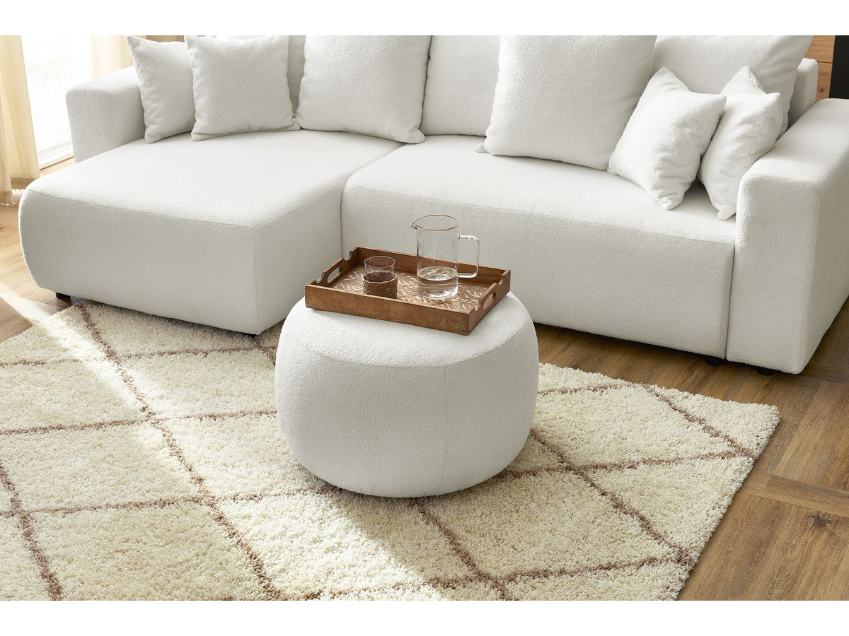 Canapé d'angle réversible convertible coffre ENVY tissu bouclette doux avec pouf rond