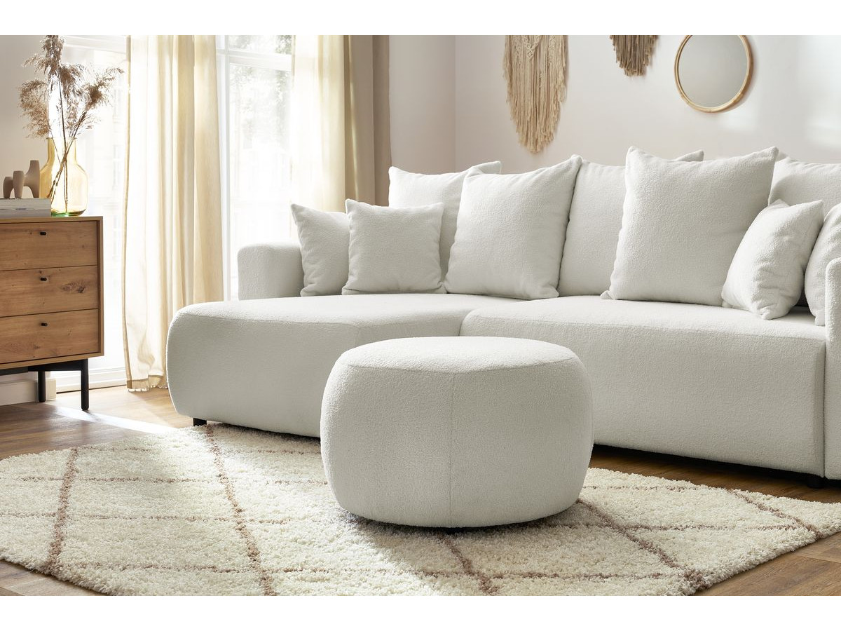Canapé d'angle réversible convertible coffre ENVY tissu bouclette doux avec pouf rond