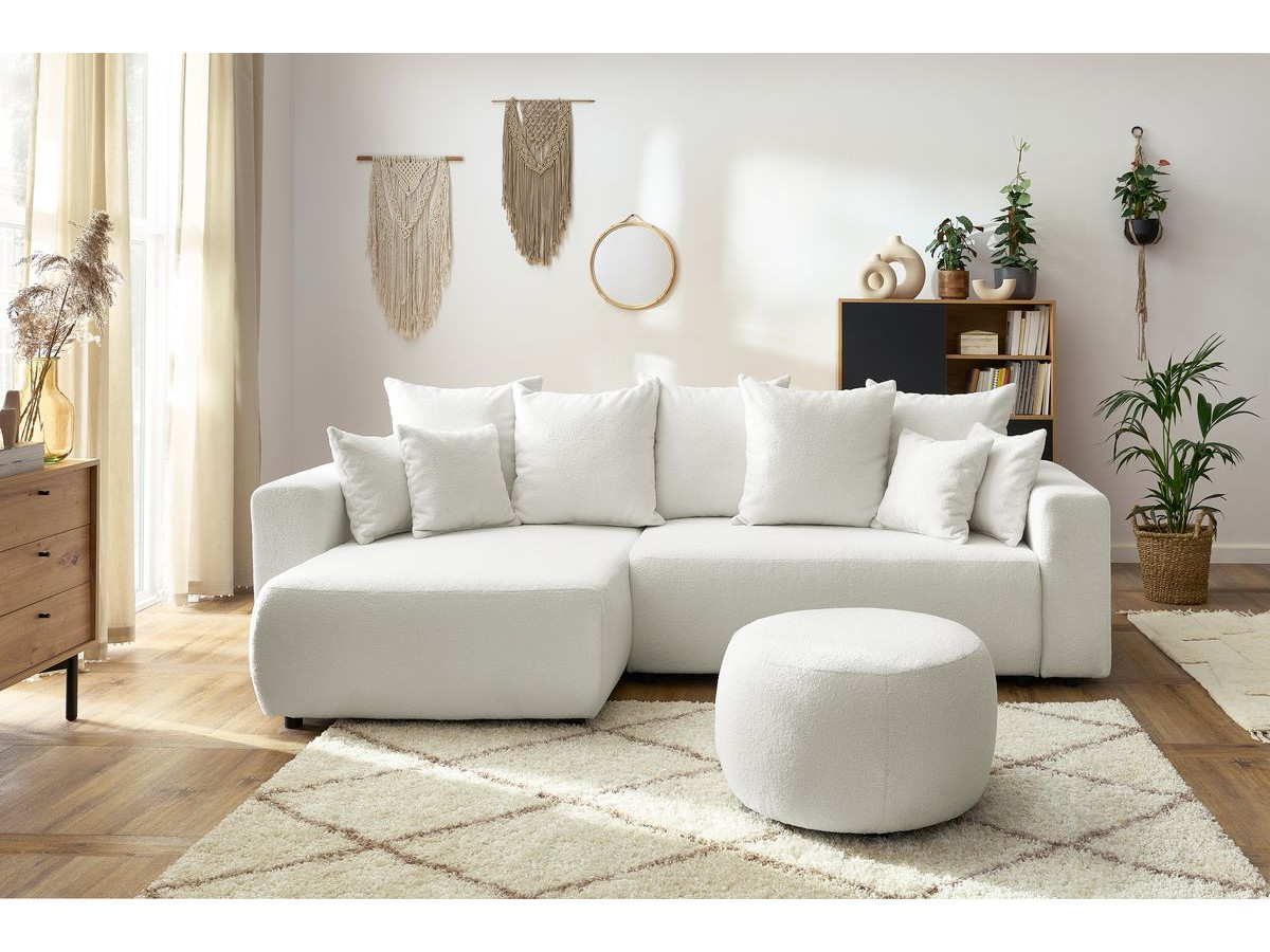 Canapé d'angle réversible convertible coffre ENVY tissu bouclette doux avec pouf rond