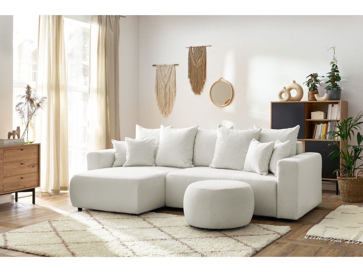 Canapé d'angle réversible convertible coffre ENVY tissu bouclette doux avec pouf rond