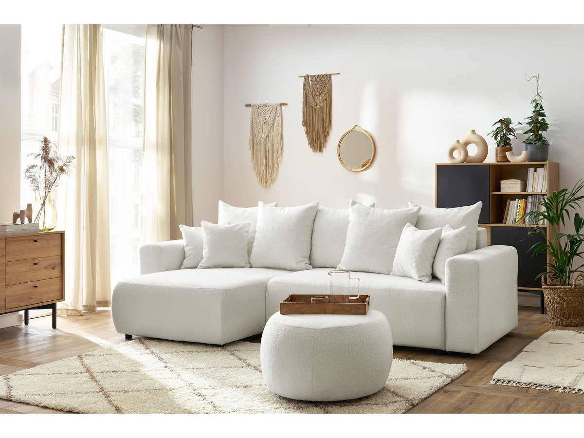 Canapé d'angle réversible convertible coffre ENVY tissu bouclette doux avec pouf rond