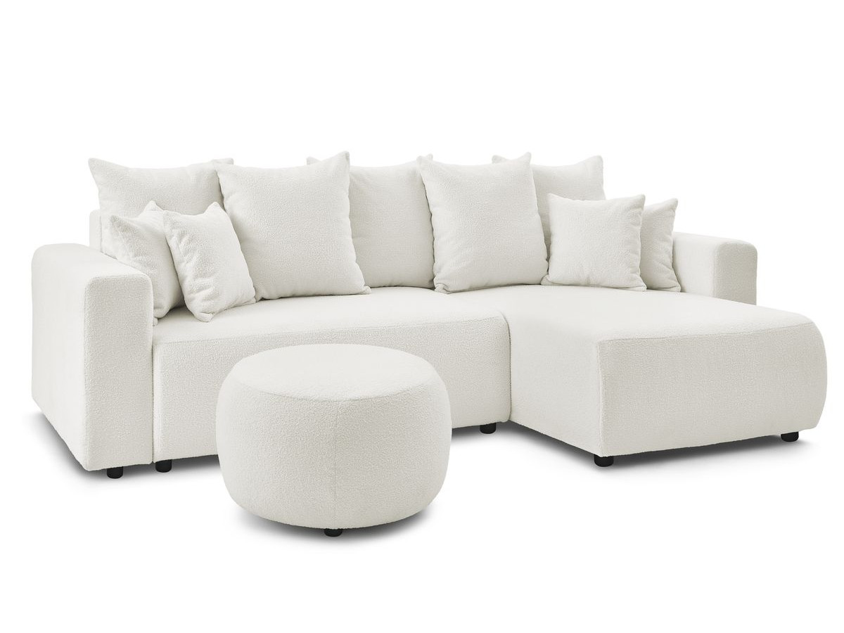 Canapé d'angle réversible convertible coffre ENVY tissu bouclette doux avec pouf rond