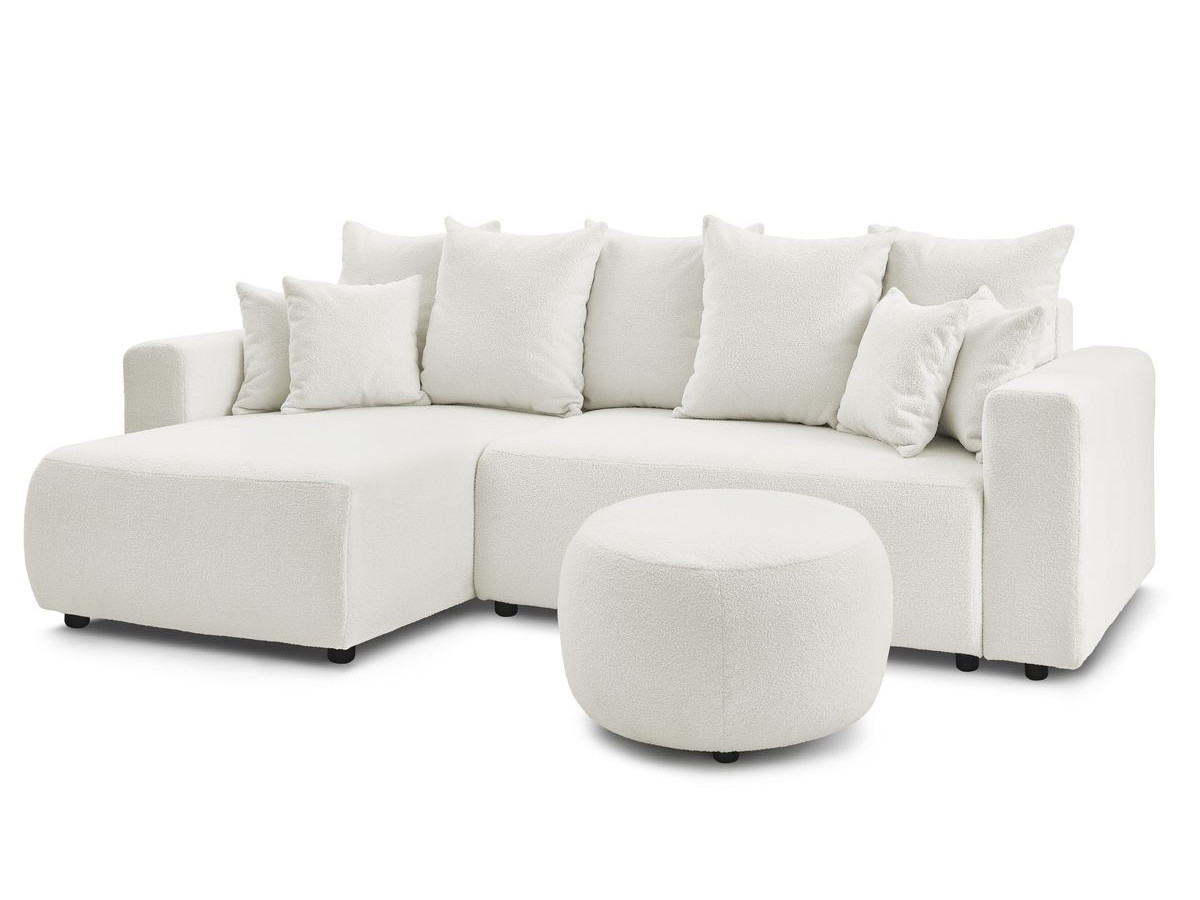 Canapé d'angle réversible convertible coffre ENVY tissu bouclette doux avec pouf rond