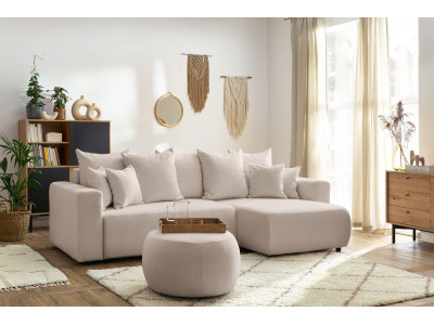 Canapé d'angle réversible convertible coffre ENVY tissu bouclette doux avec pouf rond