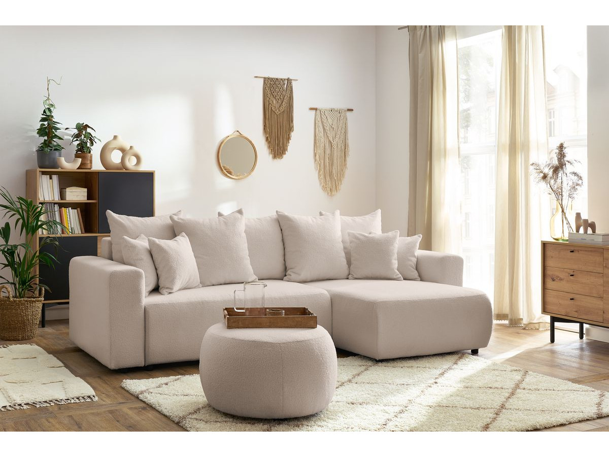 Canapé d'angle réversible convertible coffre ENVY tissu bouclette doux avec pouf rond
