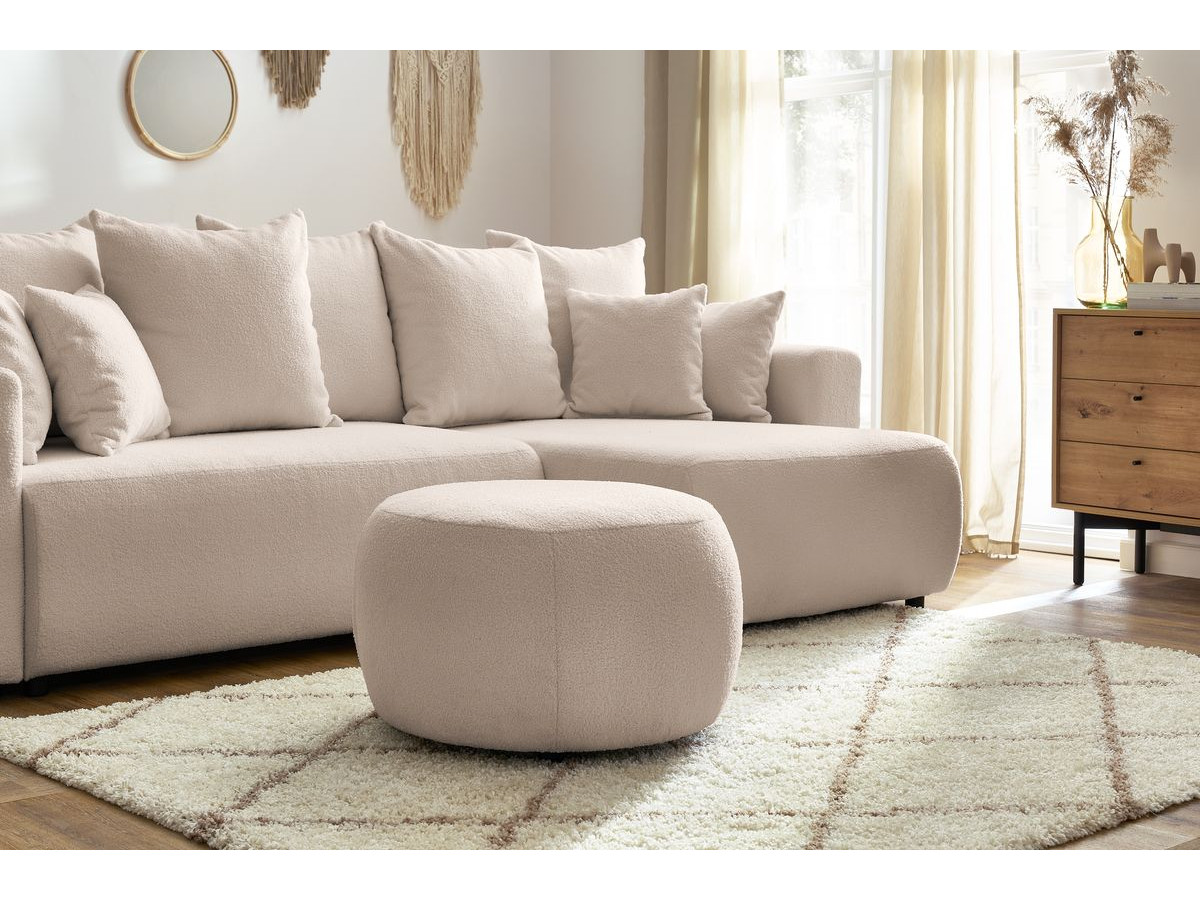 Canapé d'angle réversible convertible coffre ENVY tissu bouclette doux avec pouf rond