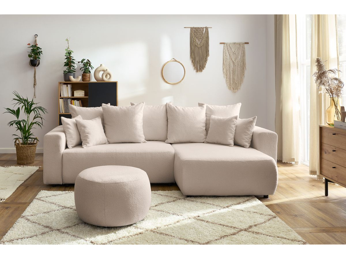 Canapé d'angle réversible convertible coffre ENVY bouclette doux avec pouf rond beige — vue 5