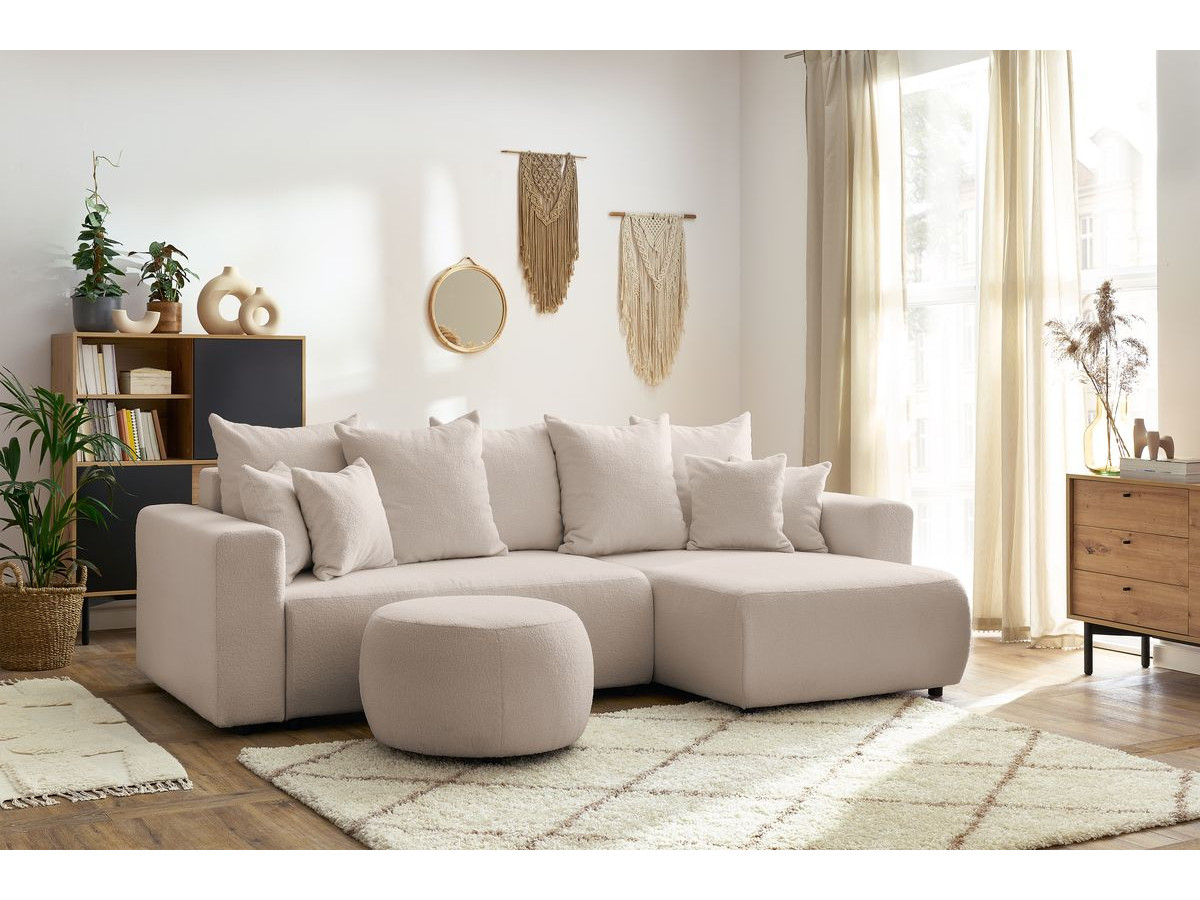 Canapé d'angle réversible convertible coffre ENVY tissu bouclette doux avec pouf rond