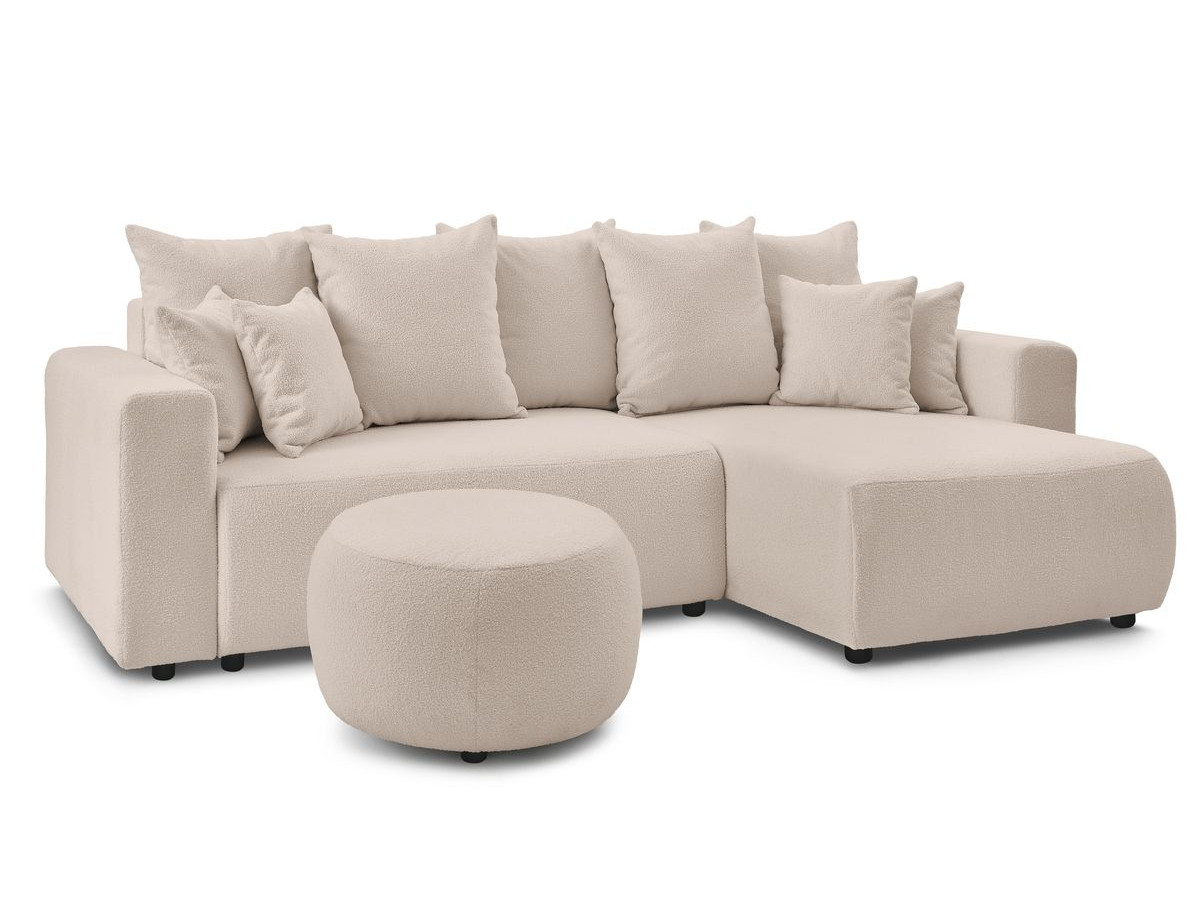 Canapé d'angle réversible convertible coffre ENVY tissu bouclette doux avec pouf rond