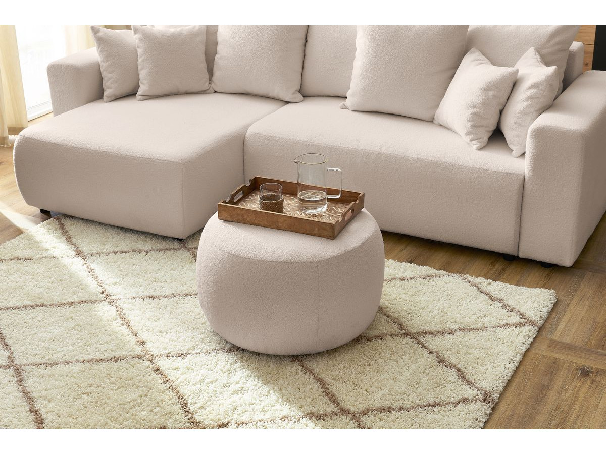 Canapé d'angle réversible convertible coffre ENVY tissu bouclette doux avec pouf rond