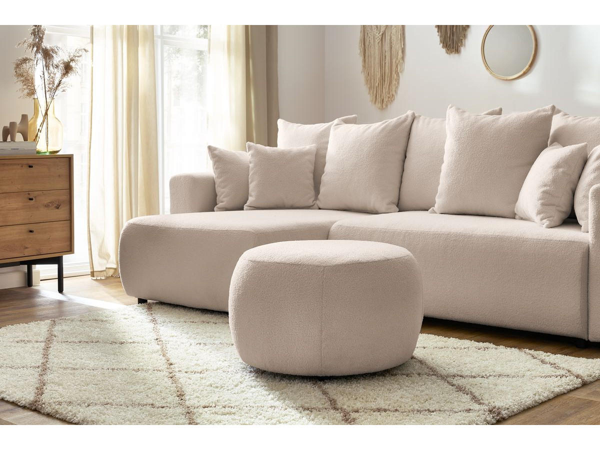 Canapé d'angle réversible convertible coffre ENVY tissu bouclette doux avec pouf rond
