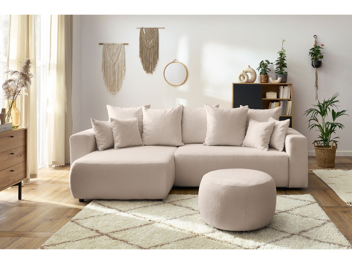 Canapé d'angle réversible convertible coffre ENVY tissu bouclette doux avec pouf rond