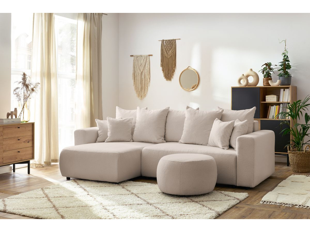 Canapé d'angle réversible convertible coffre ENVY tissu bouclette doux avec pouf rond