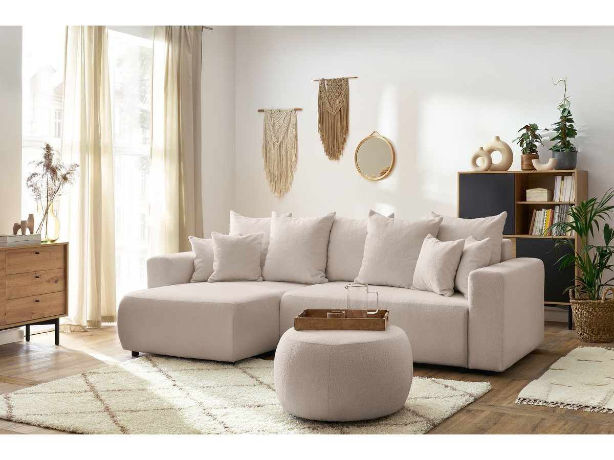 Canapé d'angle réversible convertible coffre ENVY tissu bouclette doux avec pouf rond