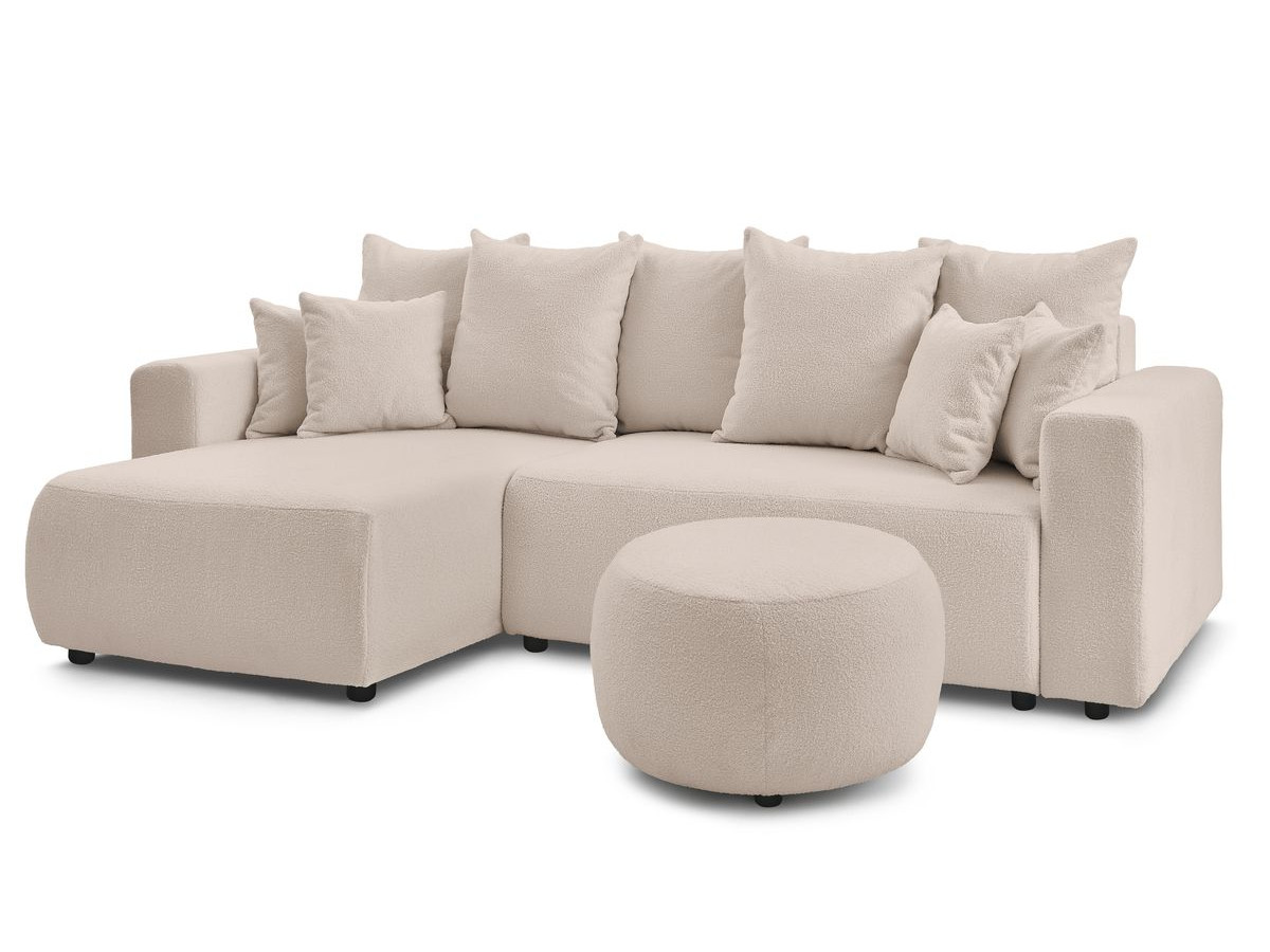 Canapé d'angle réversible convertible coffre ENVY tissu bouclette doux avec pouf rond