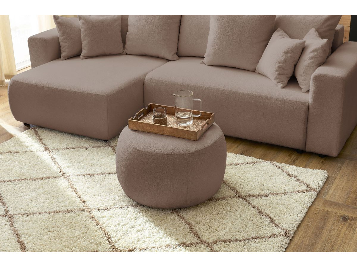 Canapé d'angle réversible convertible coffre ENVY tissu bouclette doux avec pouf rond