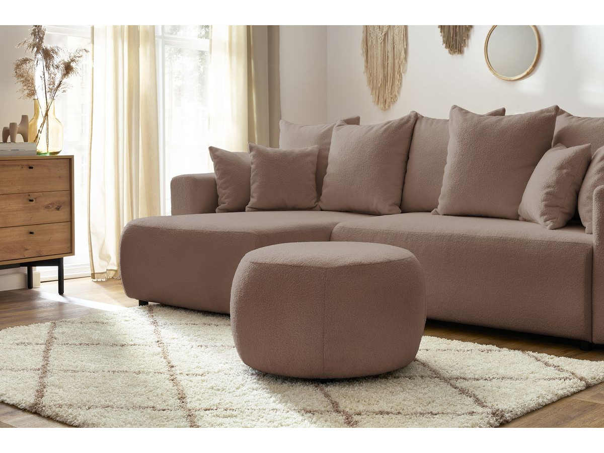 Canapé d'angle réversible convertible coffre ENVY tissu bouclette doux avec pouf rond