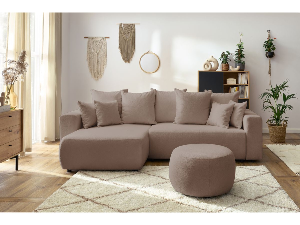 Canapé d'angle réversible convertible coffre ENVY tissu bouclette doux avec pouf rond